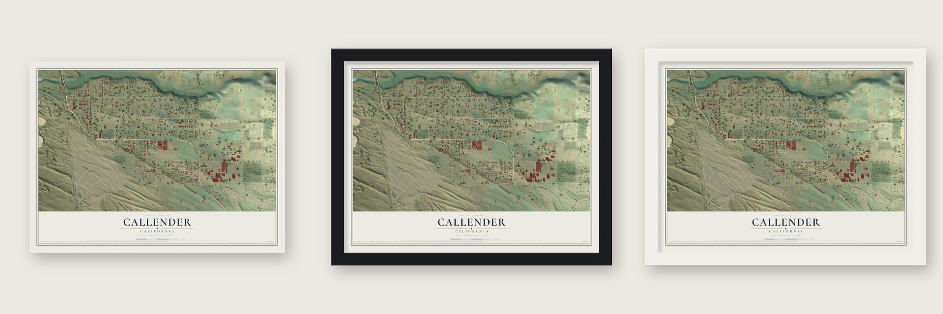 Callender, California map unframed, in a black wood frame and in a white wood frame
