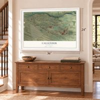Callender, California map, 24 x 36 inch print in a white frame above a dresser by a staircase