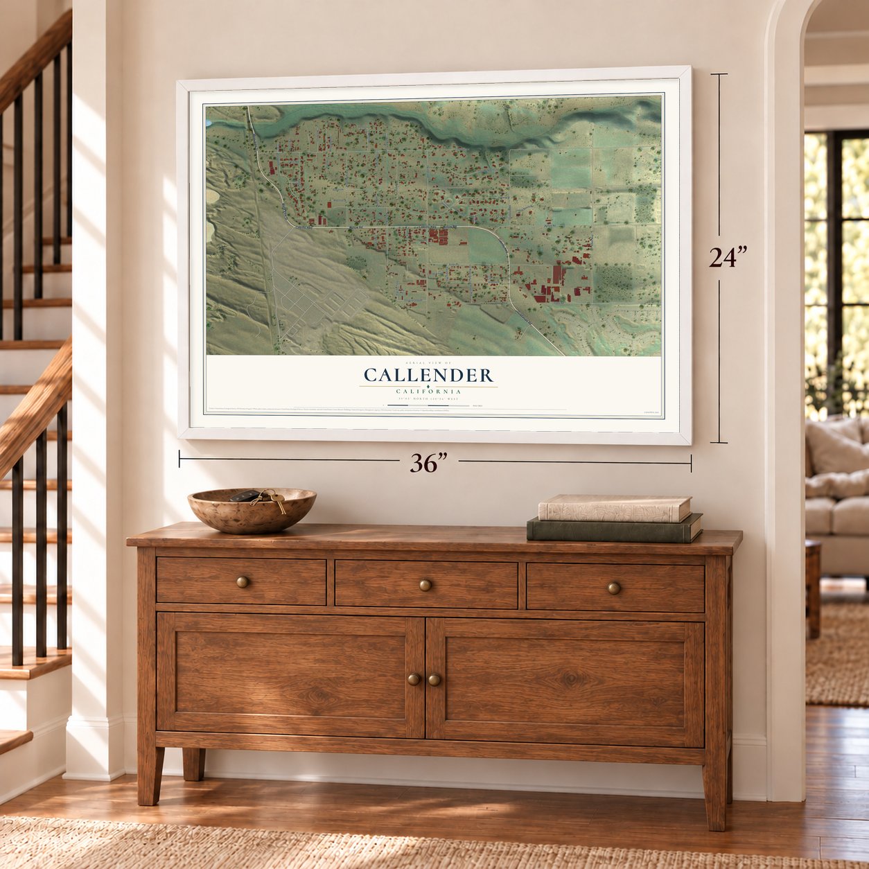 Callender, California map, 24 x 36 inch print in a white frame above a dresser by a staircase