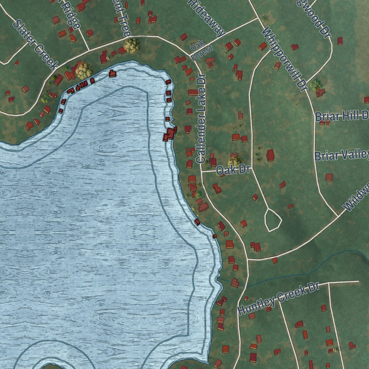 Second close-up of the map of Callender Lake, Texas print showing more streets and buildings