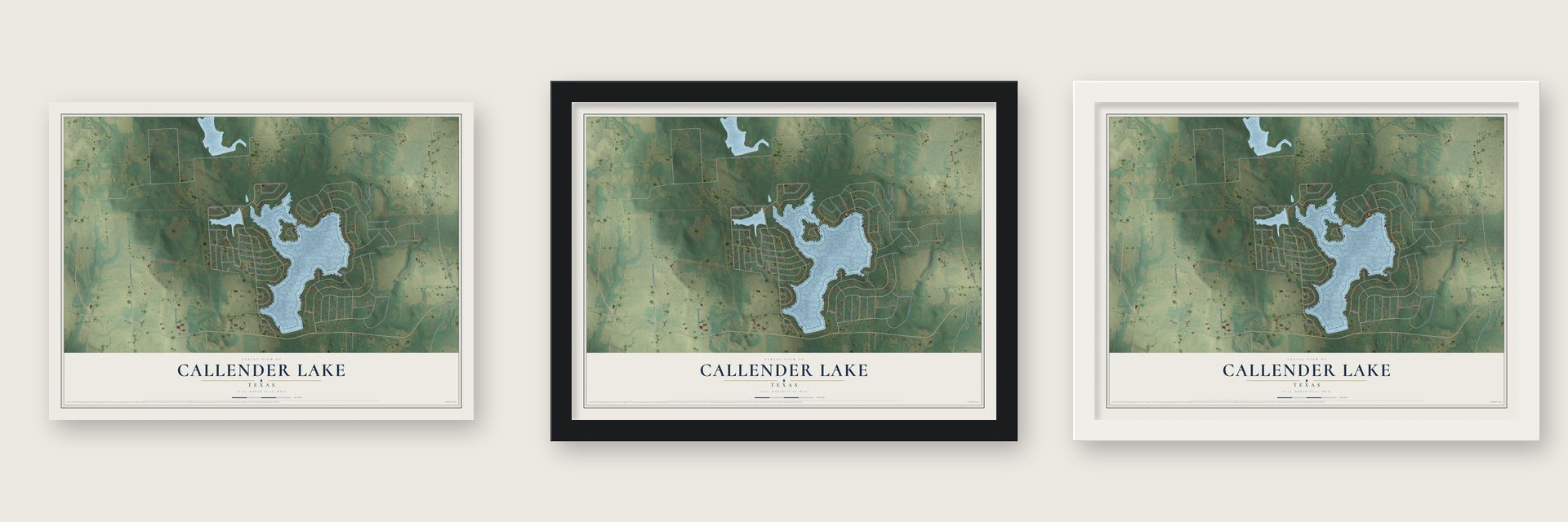Callender Lake, Texas map unframed, in a black wood frame and in a white wood frame