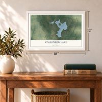 Callender Lake, Texas map, 12 x 18 inch print in a white frame in an entryway