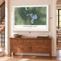 Callender Lake, Texas map, 24 x 36 inch print in a white frame above a dresser by a staircase