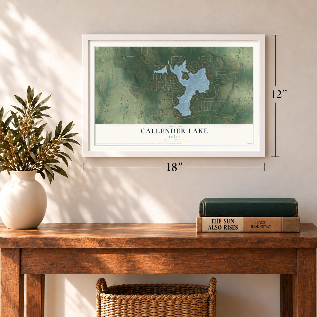 Callender Lake, Texas map, 12 x 18 inch print in a white frame in an entryway