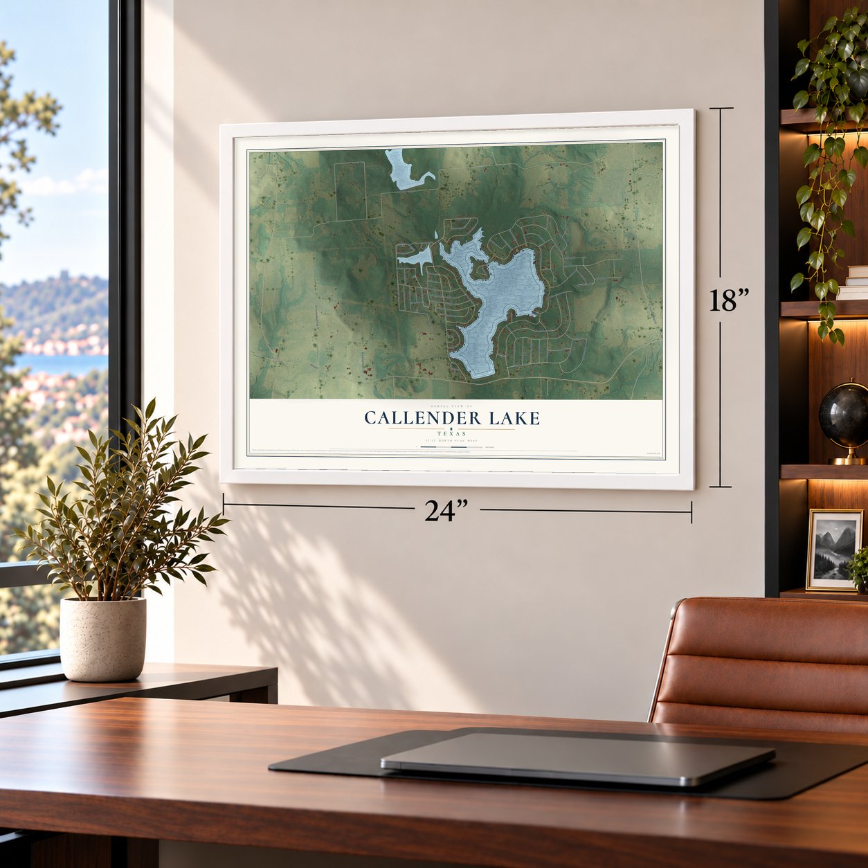 Callender Lake, Texas map, 18 x 24 inch print in a white frame in a home office