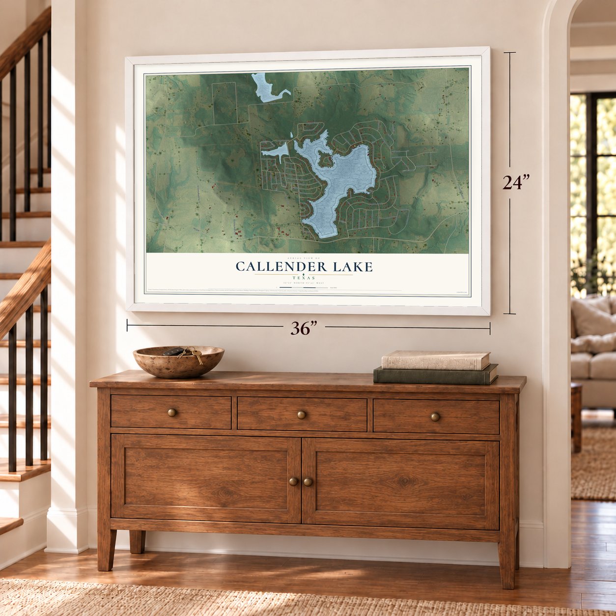 Callender Lake, Texas map, 24 x 36 inch print in a white frame above a dresser by a staircase