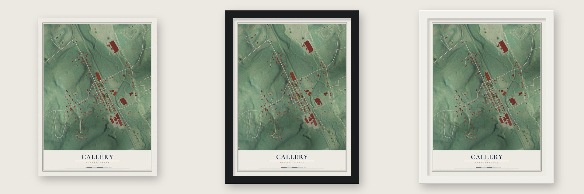 Callery, Pennsylvania map unframed, in a black wood frame and in a white wood frame