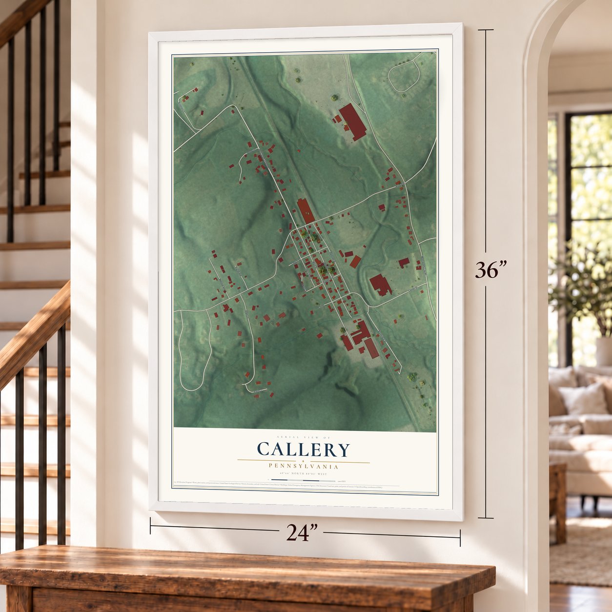 Callery, Pennsylvania map, 24 x 36 inch print in a white frame by a staircase