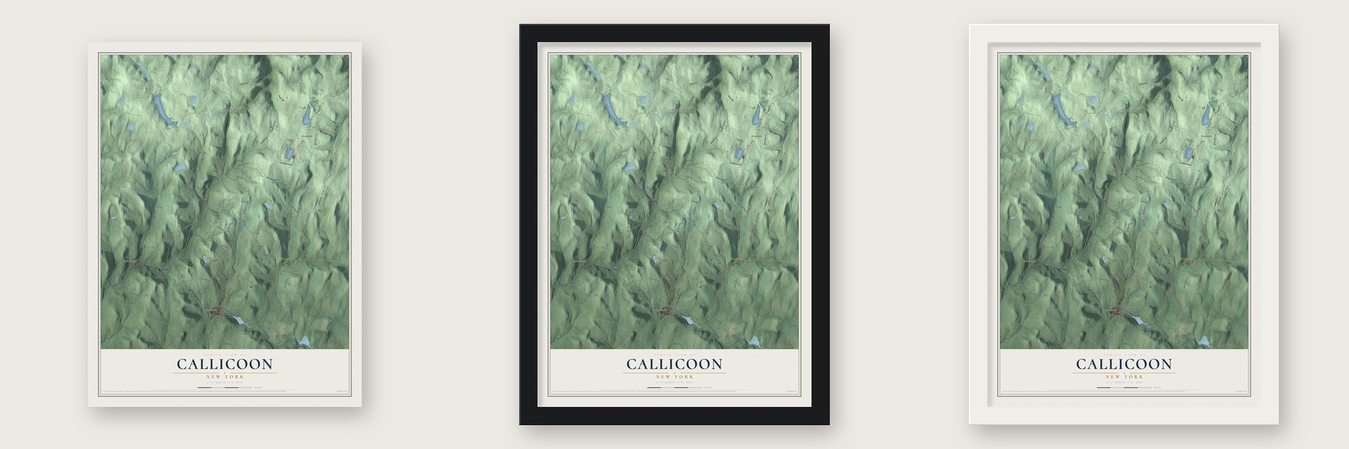 Callicoon, New York map unframed, in a black wood frame and in a white wood frame