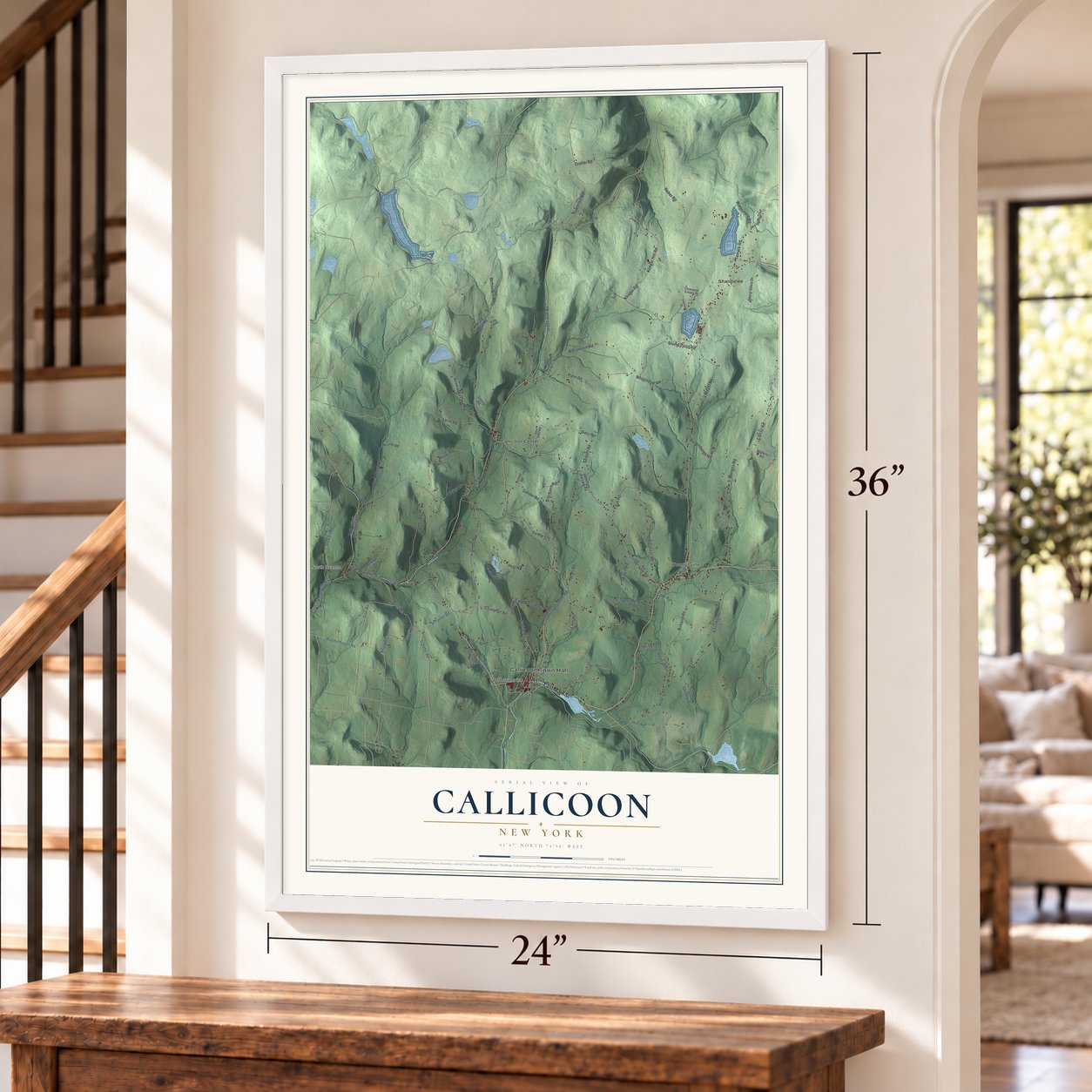 Callicoon, New York map, 24 x 36 inch print in a white frame by a staircase