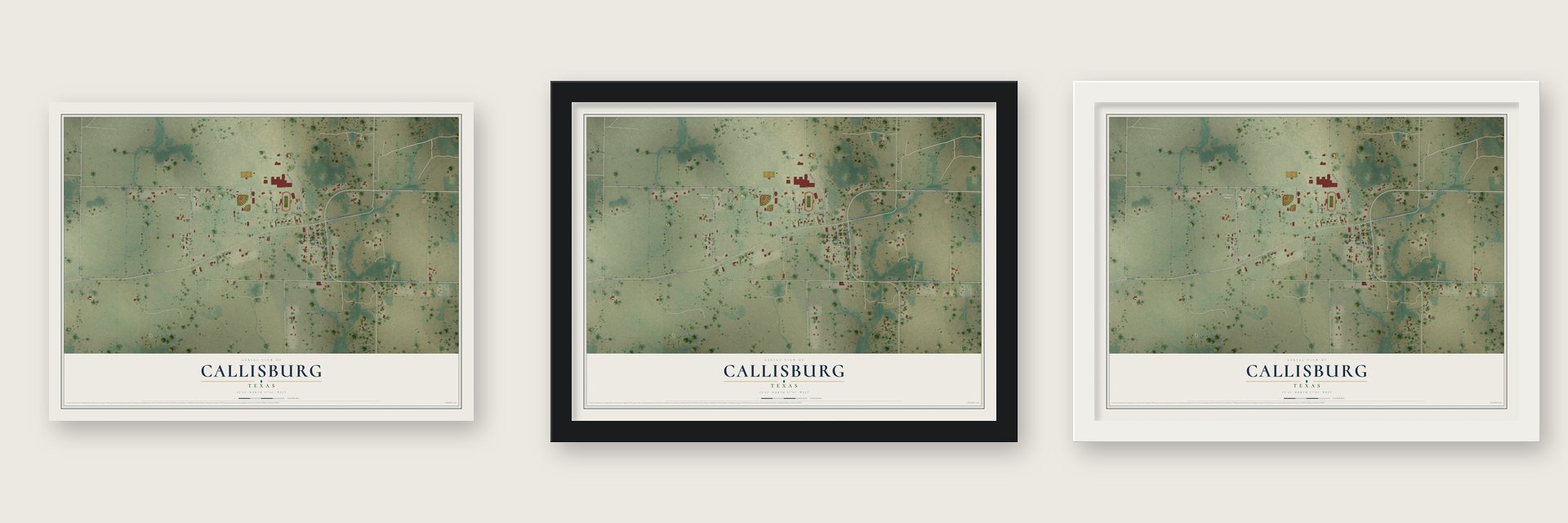 Callisburg, Texas map unframed, in a black wood frame and in a white wood frame