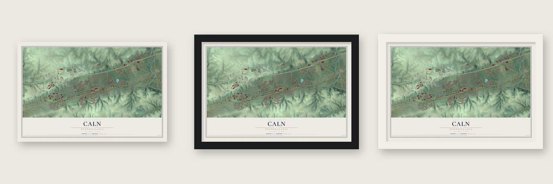 Caln, Pennsylvania map unframed, in a black wood frame and in a white wood frame