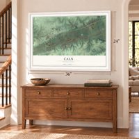 Caln, Pennsylvania map, 24 x 36 inch print in a white frame above a dresser by a staircase