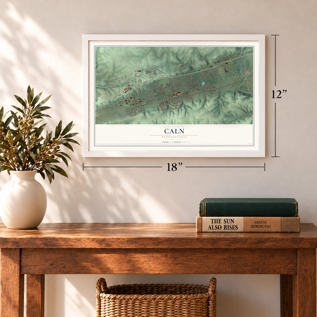 Caln, Pennsylvania map, 12 x 18 inch print in a white frame in an entryway