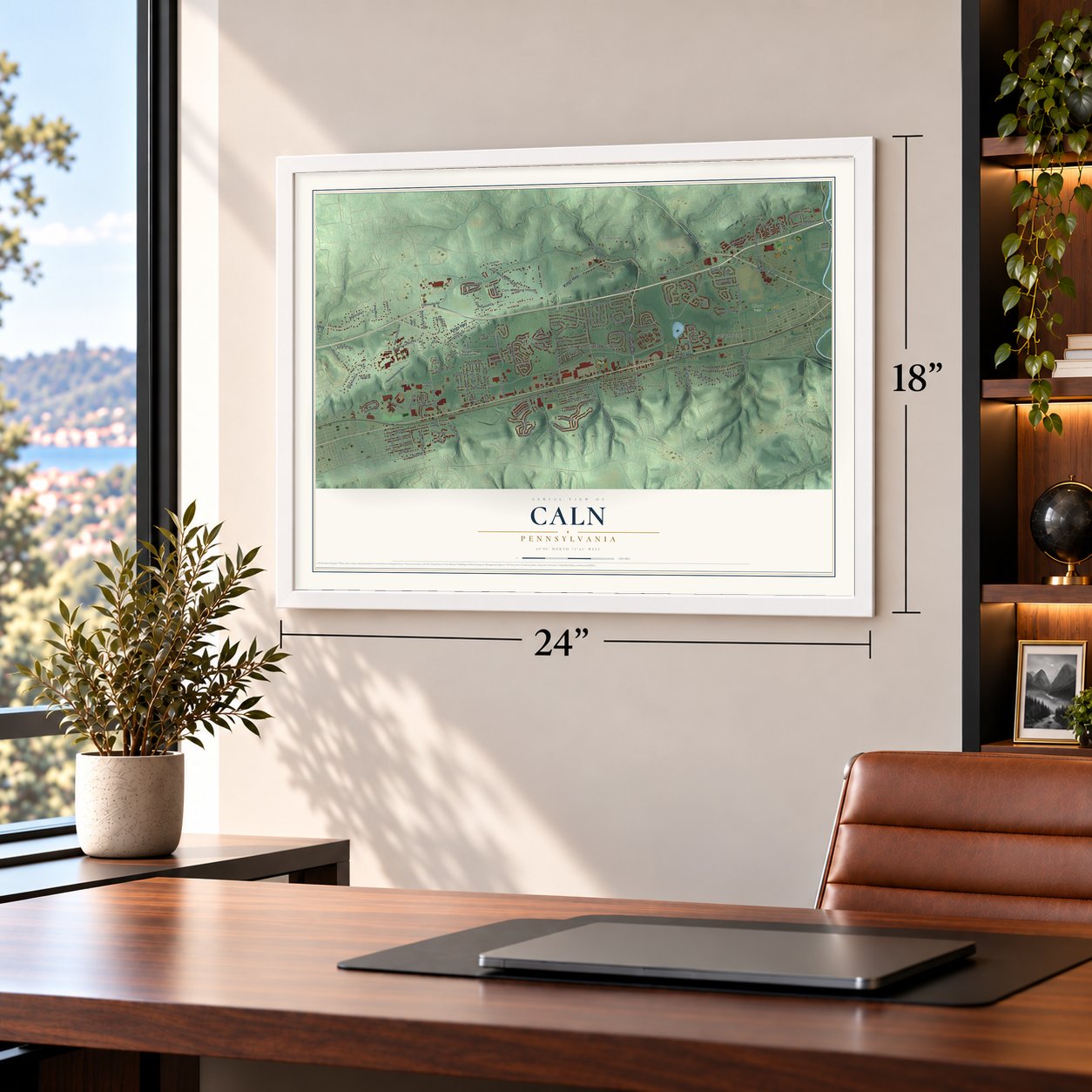 Caln, Pennsylvania map, 18 x 24 inch print in a white frame in a home office