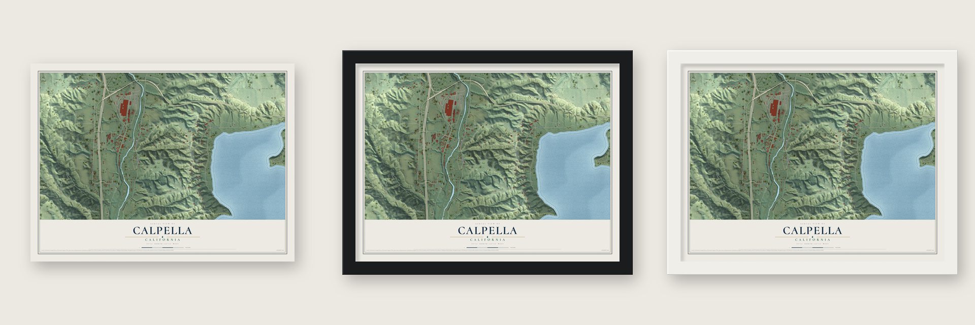 Calpella, California map unframed, in a black wood frame and in a white wood frame