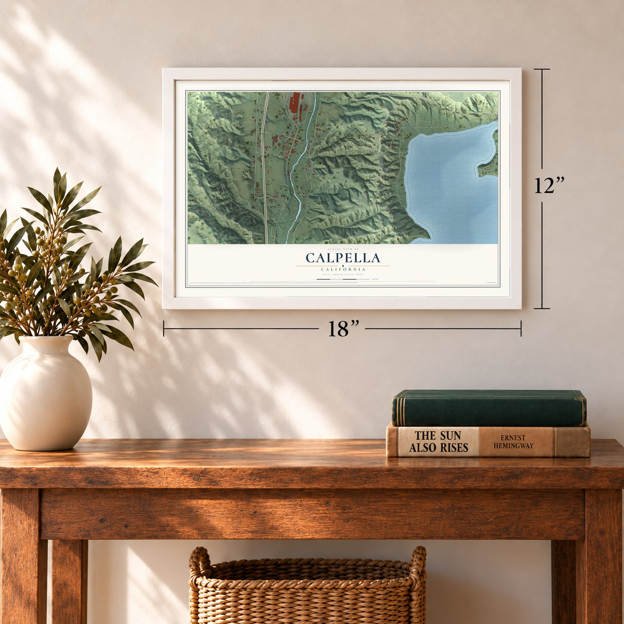 Calpella, California map, 12 x 18 inch print in a white frame in an entryway