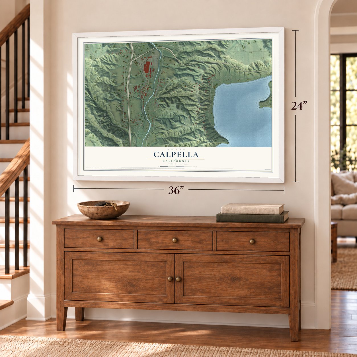 Calpella, California map, 24 x 36 inch print in a white frame above a dresser by a staircase