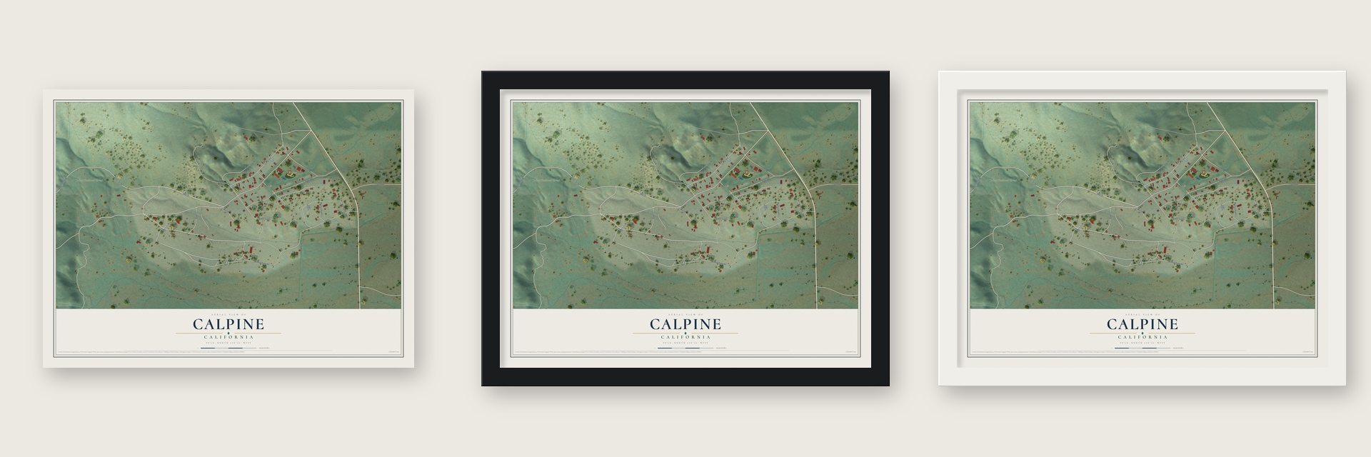 Calpine, California map unframed, in a black wood frame and in a white wood frame