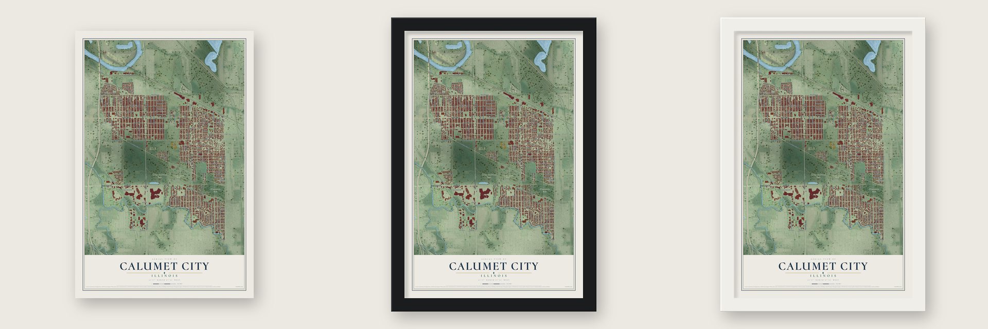 Calumet City, Illinois map unframed, in a black wood frame and in a white wood frame