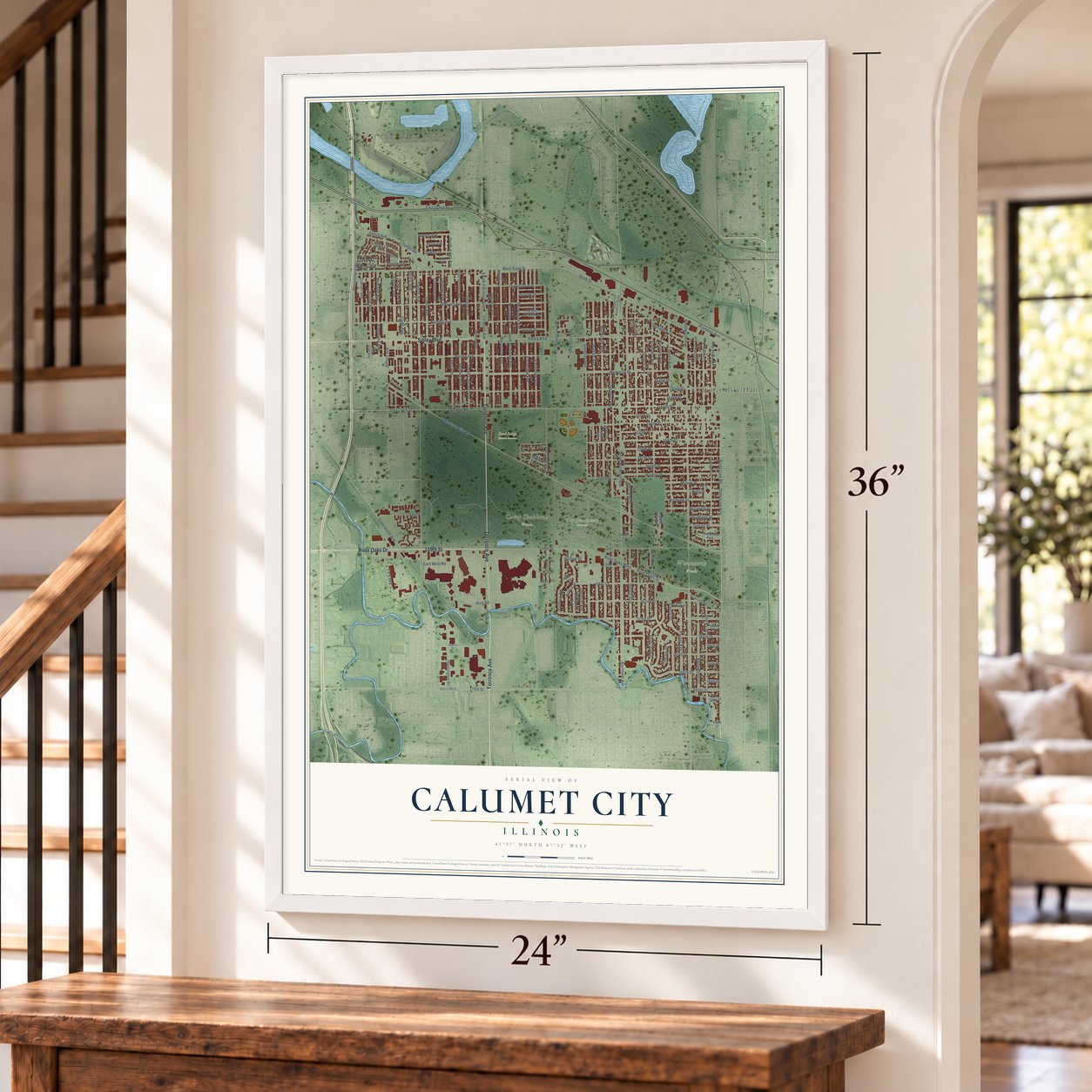Calumet City, Illinois map, 24 x 36 inch print in a white frame by a staircase