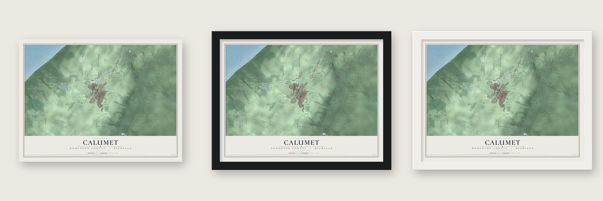Calumet, Houghton County, Michigan map unframed, in a black wood frame and in a white wood frame
