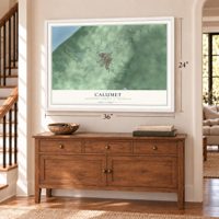 Calumet, Houghton County, Michigan map, 24 x 36 inch print in a white frame above a dresser by a staircase