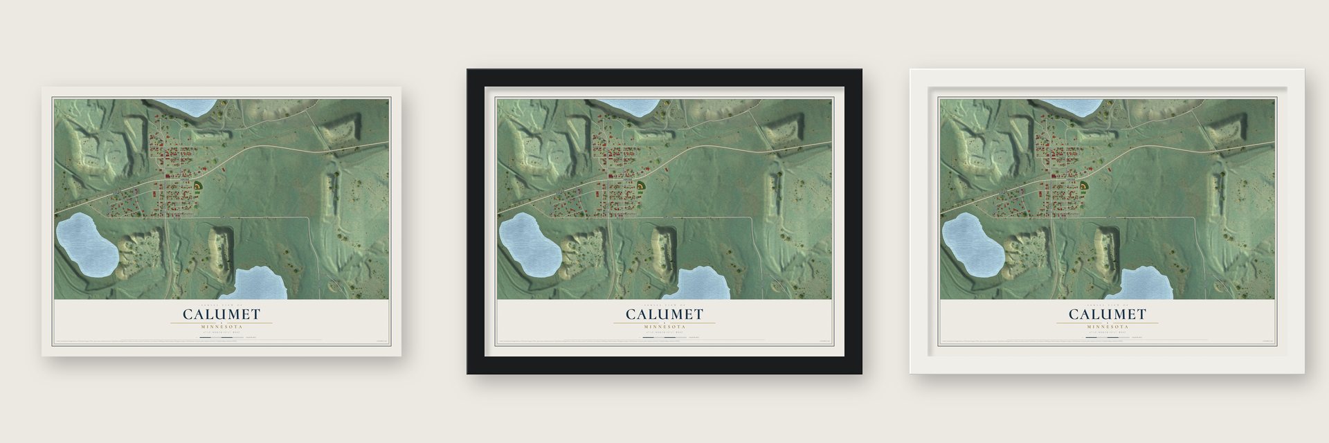 Calumet, Minnesota map unframed, in a black wood frame and in a white wood frame