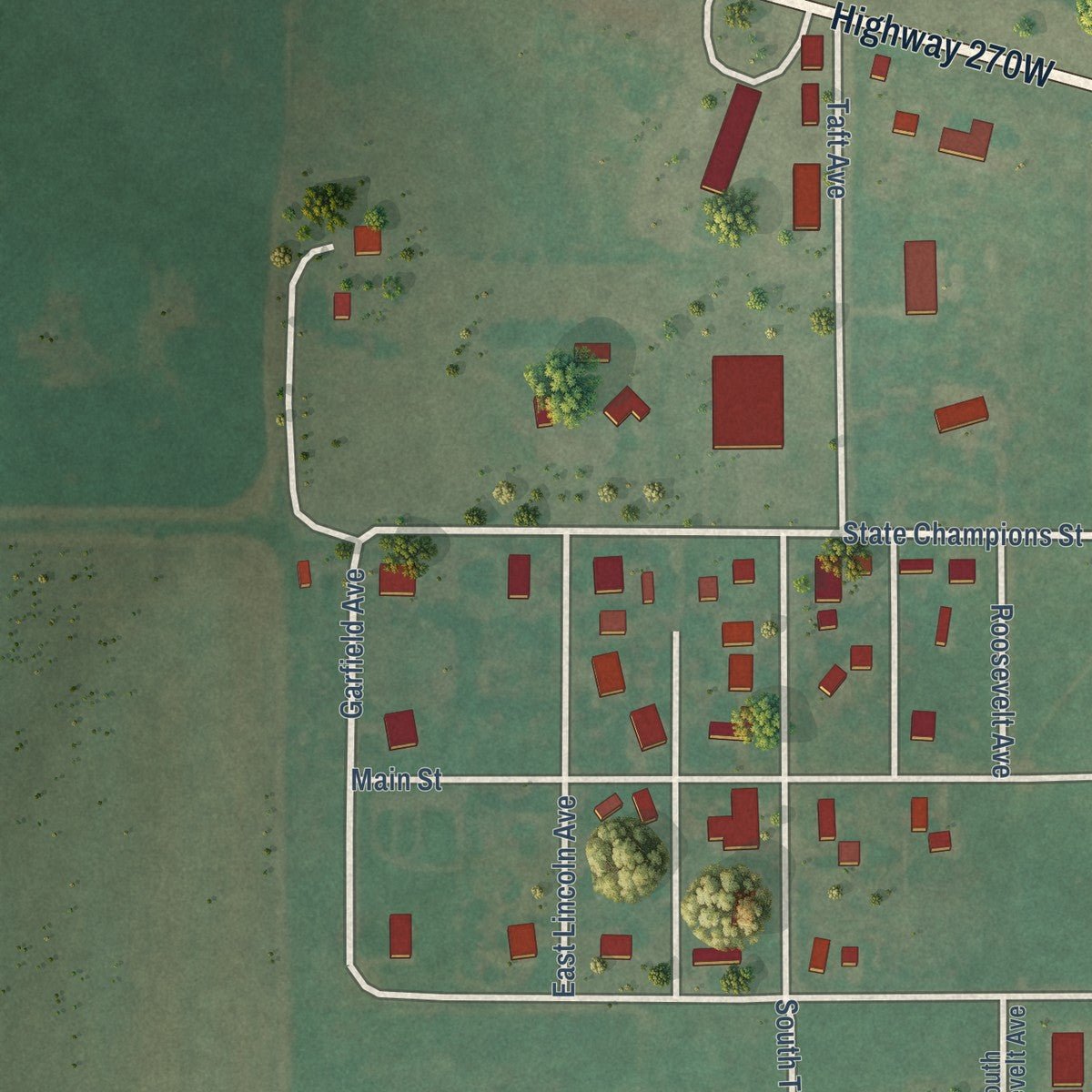 Second close-up of the map of Calumet, Oklahoma print showing more streets and buildings