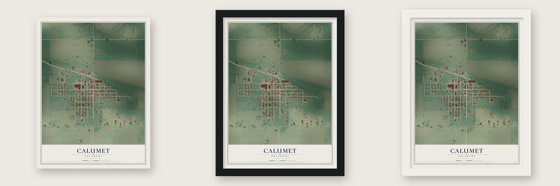 Calumet, Oklahoma map unframed, in a black wood frame and in a white wood frame