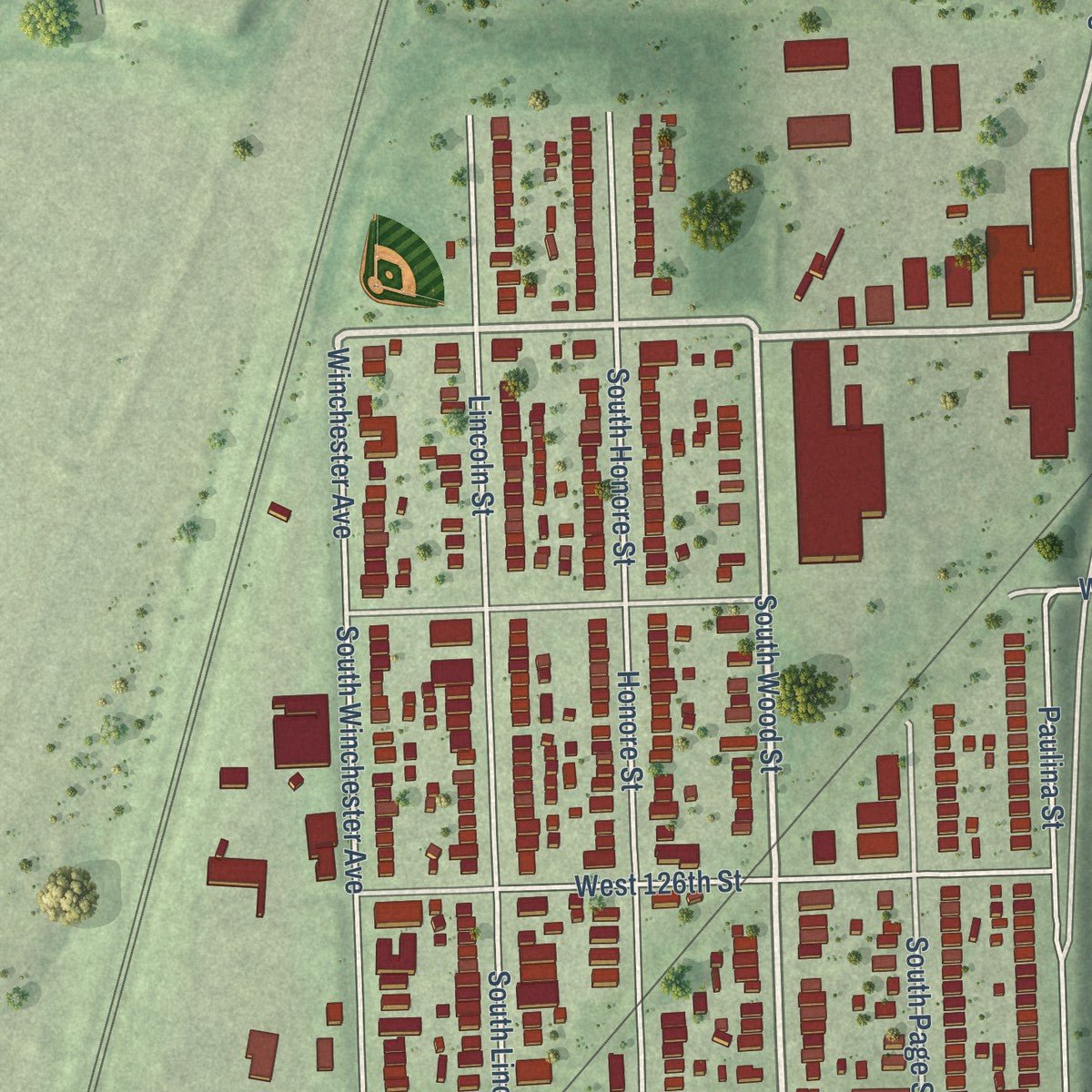 Second close-up of the map of Calumet Park, Illinois print showing more streets and buildings