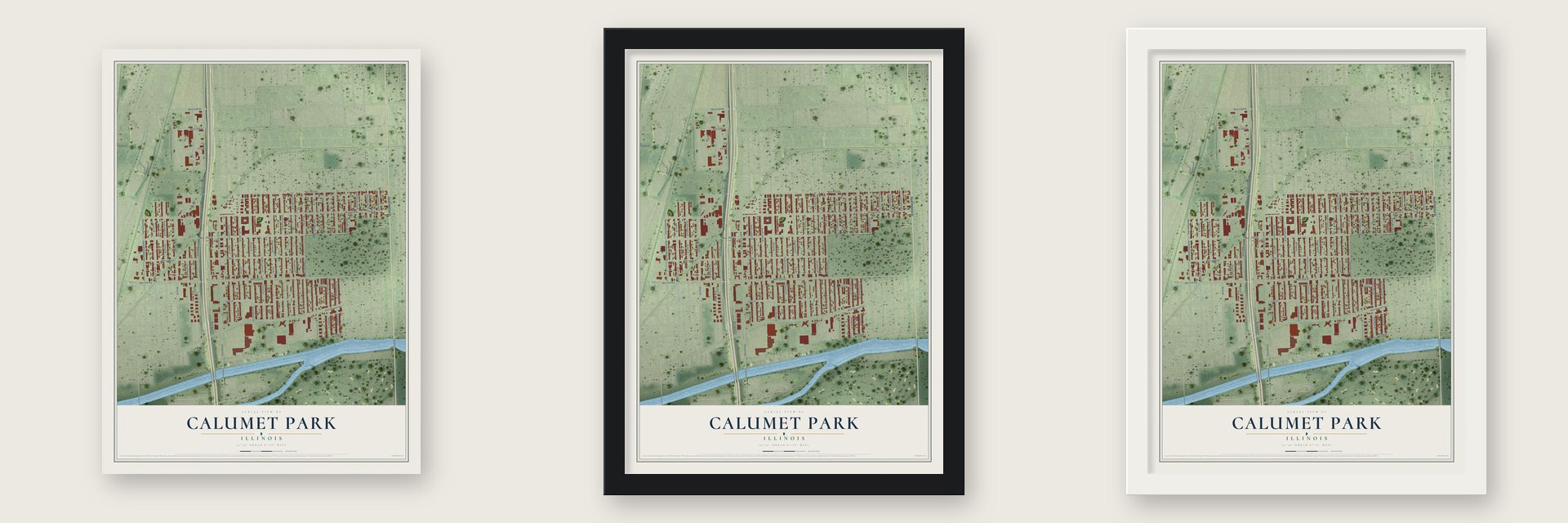 Calumet Park, Illinois map unframed, in a black wood frame and in a white wood frame