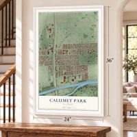 Calumet Park, Illinois map, 24 x 36 inch print in a white frame by a staircase