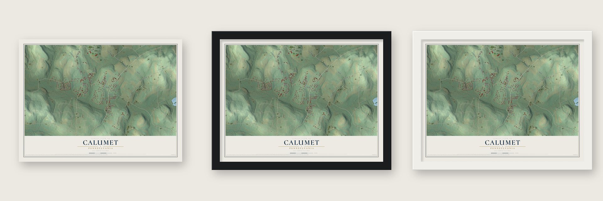 Calumet, Pennsylvania map unframed, in a black wood frame and in a white wood frame