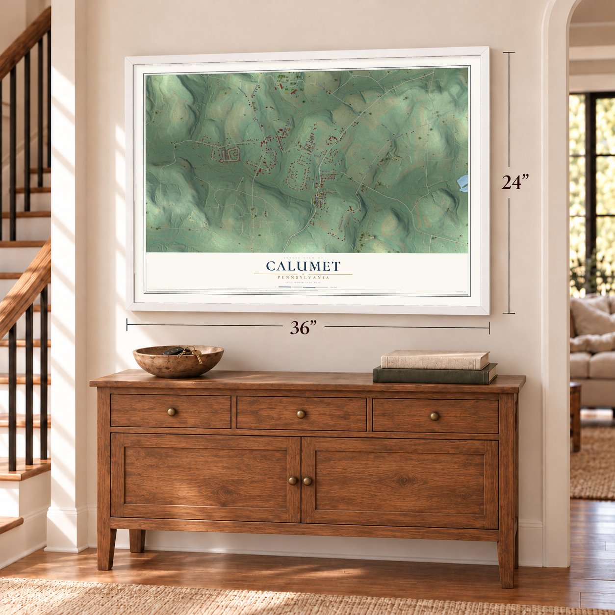Calumet, Pennsylvania map, 24 x 36 inch print in a white frame above a dresser by a staircase