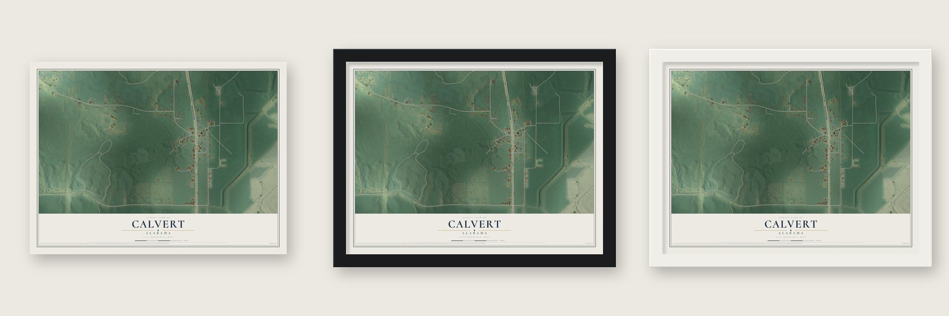 Calvert, Alabama map unframed, in a black wood frame and in a white wood frame
