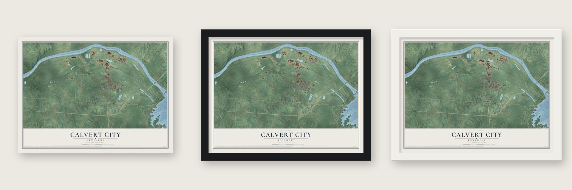 Calvert City, Kentucky map unframed, in a black wood frame and in a white wood frame