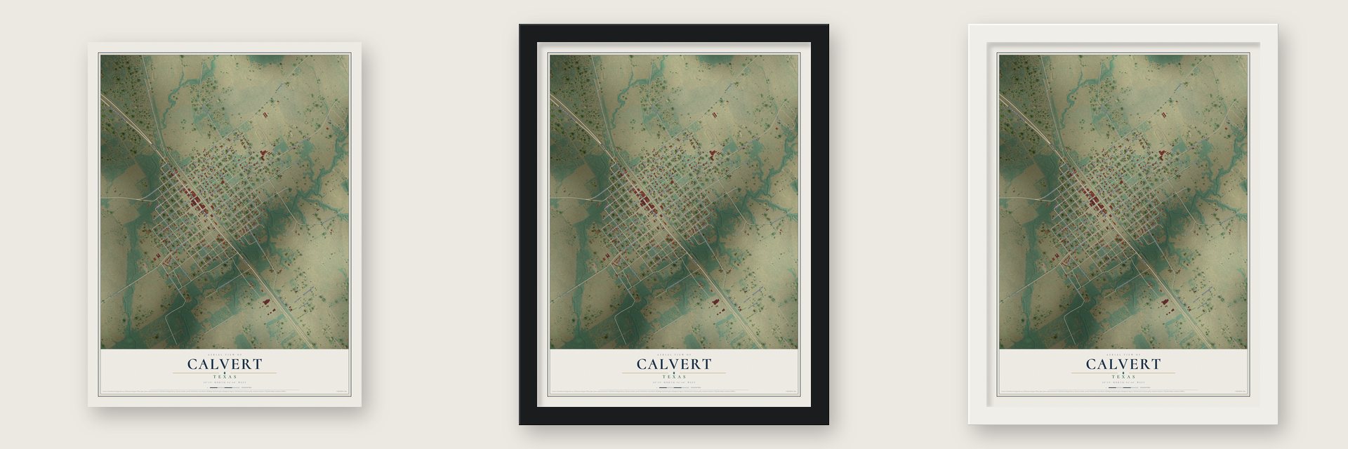 Calvert, Texas map unframed, in a black wood frame and in a white wood frame