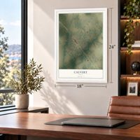 Calvert, Texas map, 18 x 24 inch print in a white frame in a home office