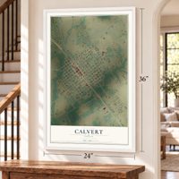 Calvert, Texas map, 24 x 36 inch print in a white frame by a staircase