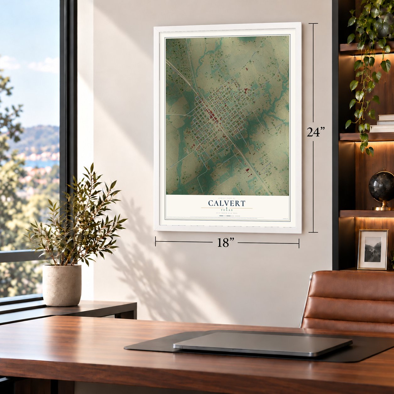 Calvert, Texas map, 18 x 24 inch print in a white frame in a home office