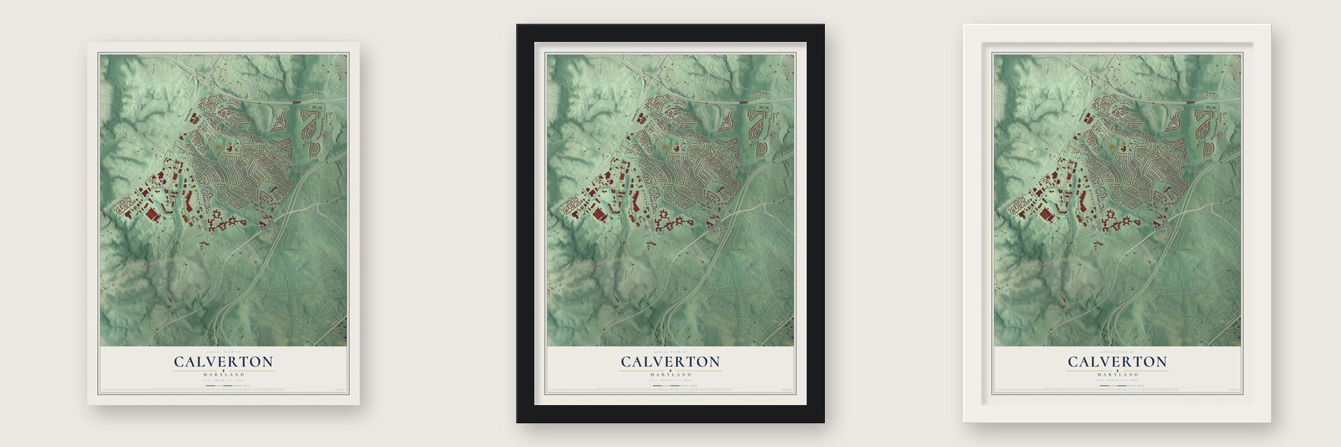 Calverton, Maryland map unframed, in a black wood frame and in a white wood frame