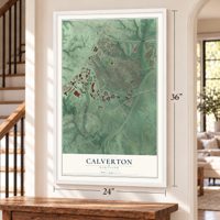 Calverton, Maryland map, 24 x 36 inch print in a white frame by a staircase