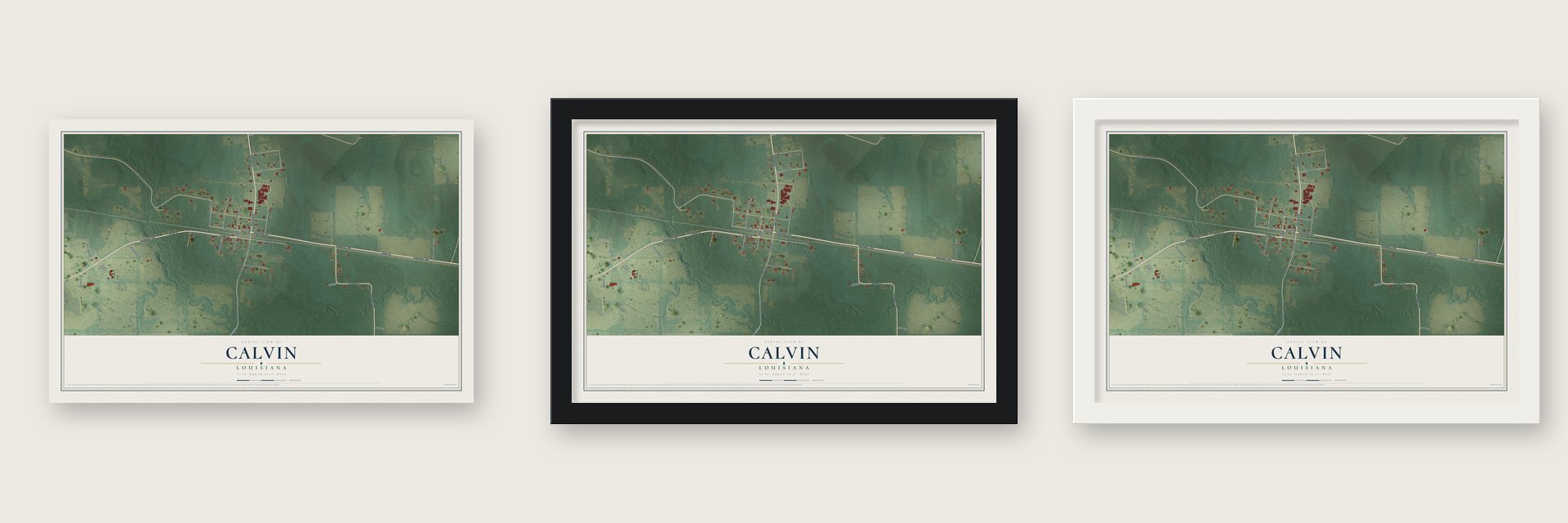 Calvin, Louisiana map unframed, in a black wood frame and in a white wood frame