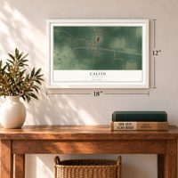 Calvin, Louisiana map, 12 x 18 inch print in a white frame in an entryway