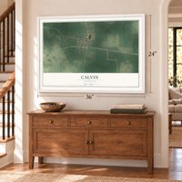 Calvin, Louisiana map, 24 x 36 inch print in a white frame above a dresser by a staircase
