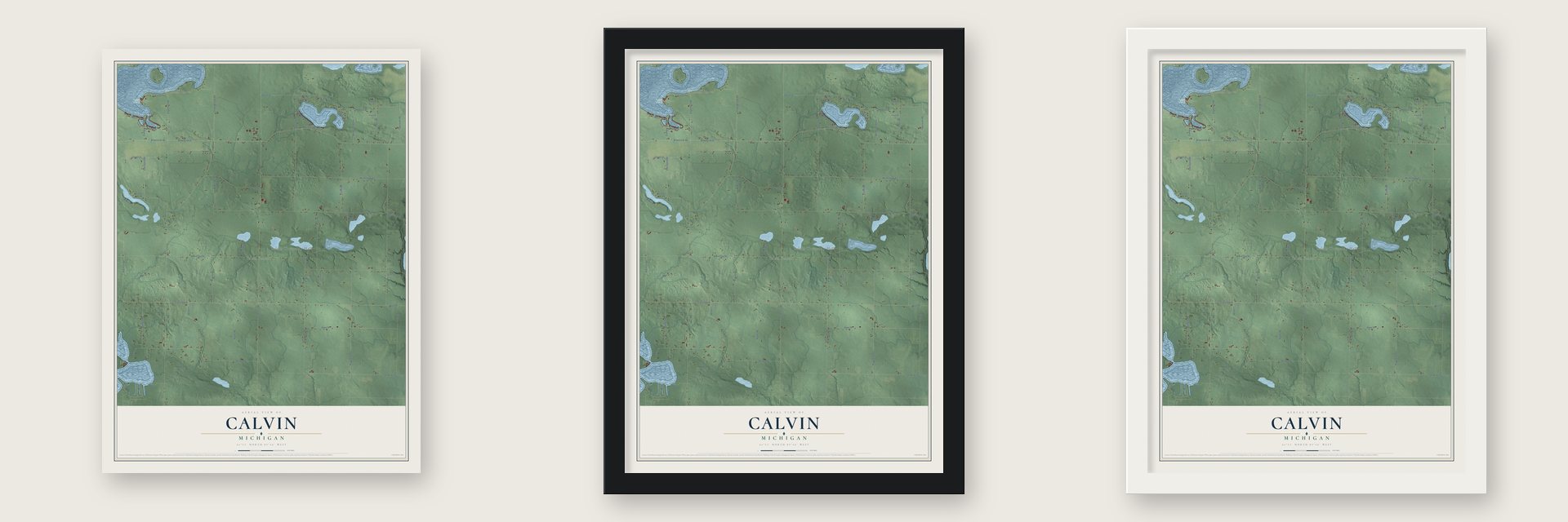 Calvin, Michigan map unframed, in a black wood frame and in a white wood frame