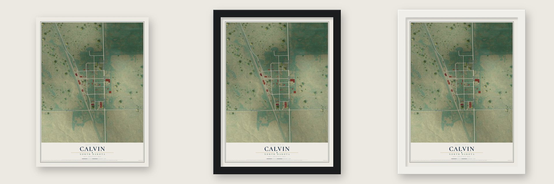 Calvin, North Dakota map unframed, in a black wood frame and in a white wood frame