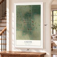 Calvin, North Dakota map, 24 x 36 inch print in a white frame by a staircase