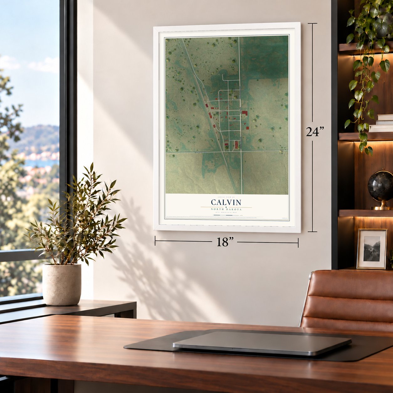 Calvin, North Dakota map, 18 x 24 inch print in a white frame in a home office